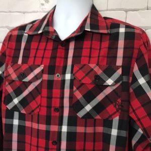 Men’s RS red / black plaid button down shirt.